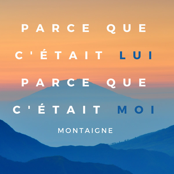 Si on me presse de dire pourquoi je l'aimais, je sens que cela ne se peut s'exprimer qu'en répondant : Parce que c'était lui, parce que c'était moi. Montaigne